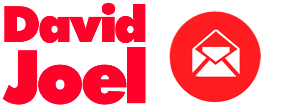 David Joel's name in bold red letters, followed by a red shield with a white email icon, inviting contact via email or newsletter. - David Joel Photographer